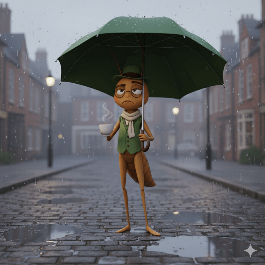 Mr Critic, a small cricket in a green waistcoat and scarf, stands unimpressed under an umbrella in the rain while holding a cup of tea — symbolising inner resistance during dark UK winters.