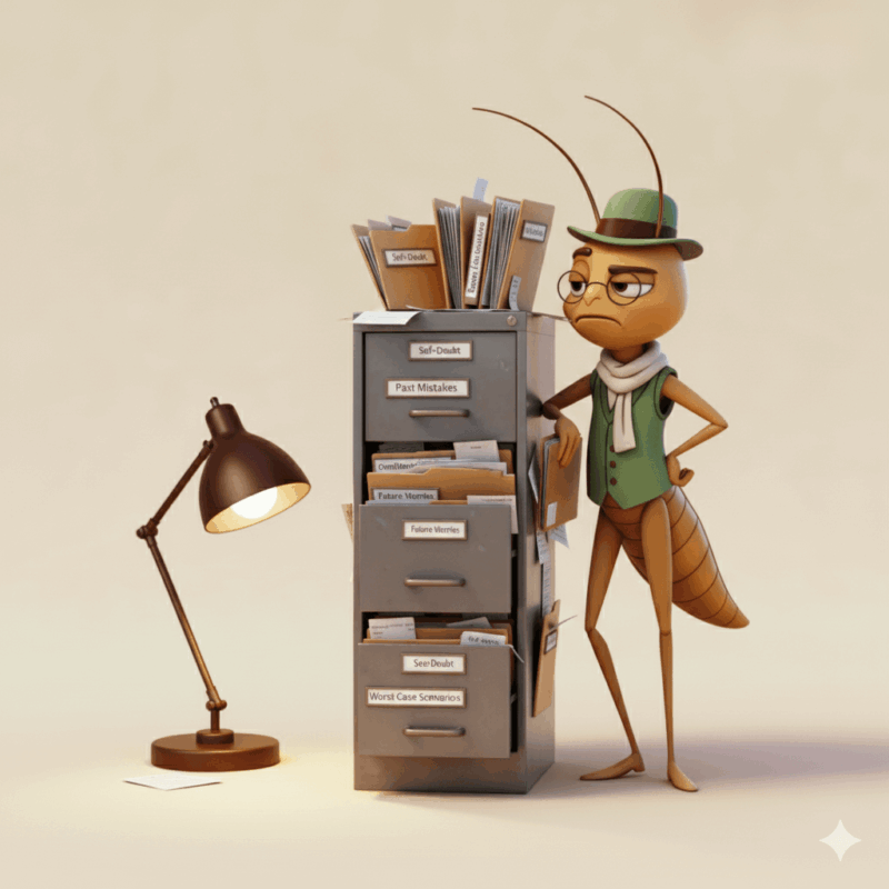 3D illustration of Mr Critic, a cricket-like character in a green waistcoat and hat, standing beside a tall filing cabinet labeled with folders like “Self-Doubt,” “Past Mistakes,” and “Worst Case Scenarios.