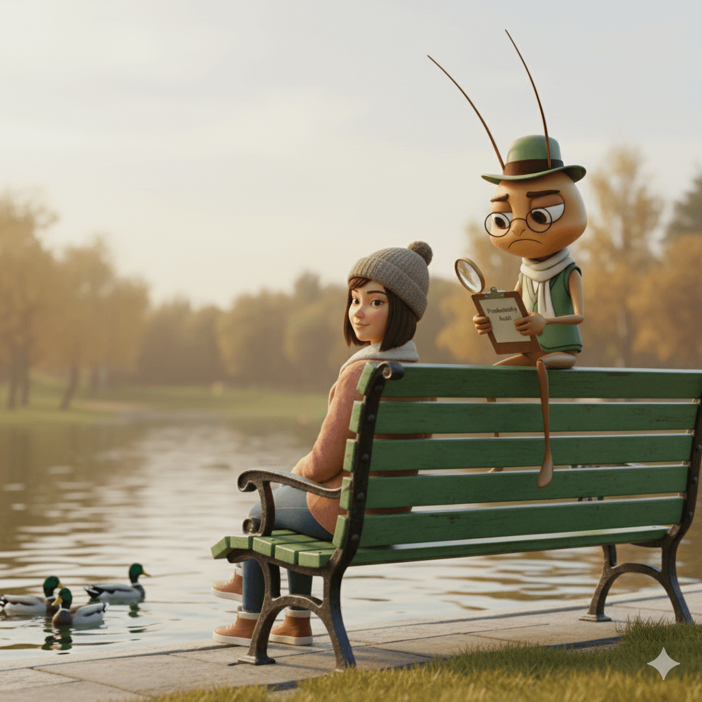 Mr Critic sitting on a park bench beside a person watching ducks, looking unimpressed as they practise resting without feeling guilty