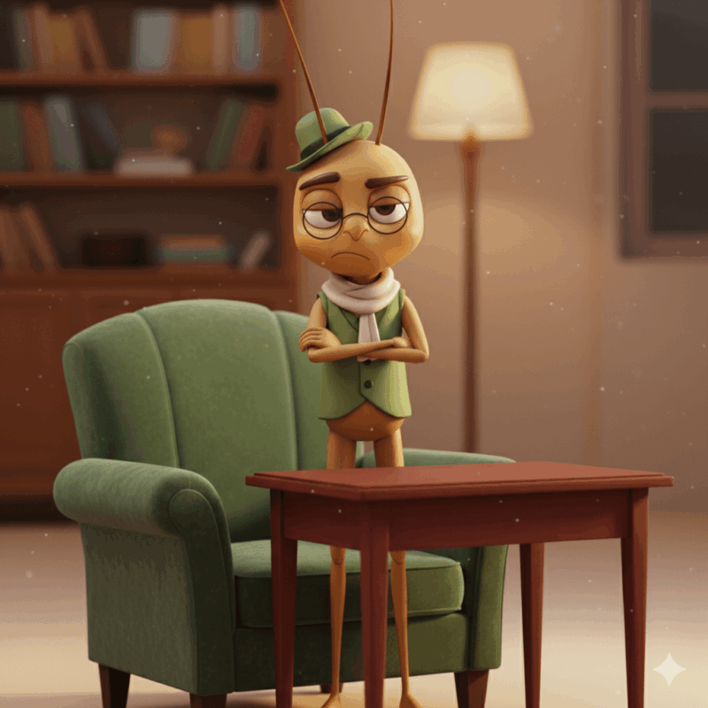 Illustration of Mr Critic, a calm yet unimpressed cricket-like character wearing a green waistcoat, hat, and scarf, standing beside an armchair with arms folded — symbolising the inner critic and moments of quiet self-doubt during personal growth