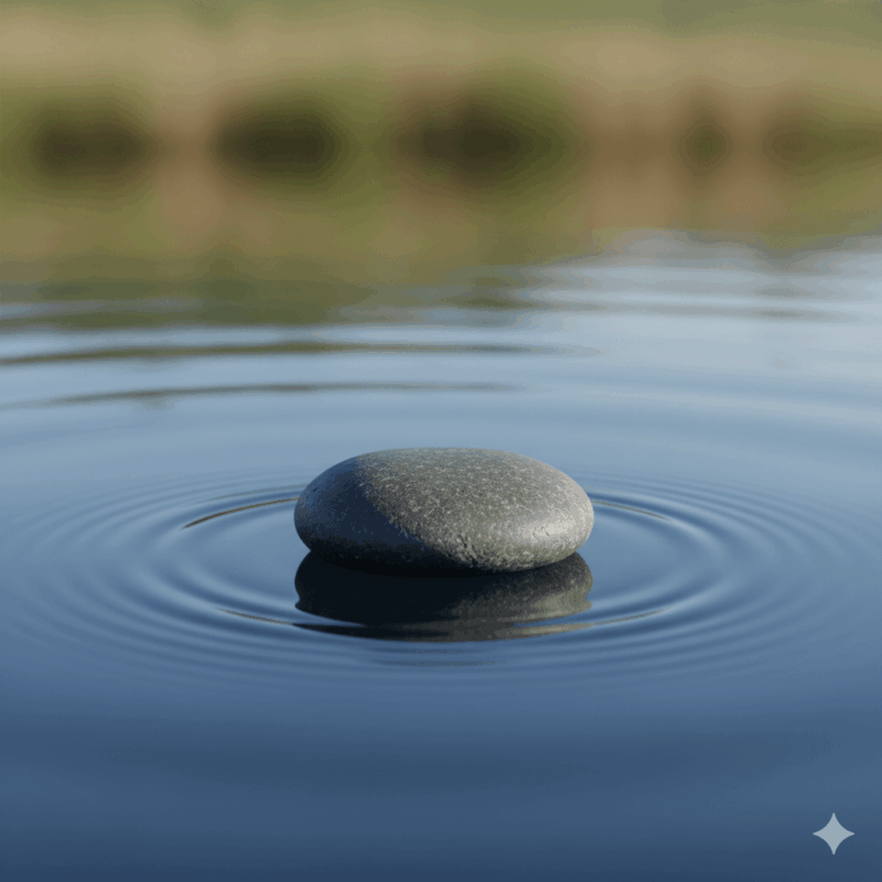 Smooth stone resting on calm water with soft ripples, symbolising Stoic reflection and real-world calm