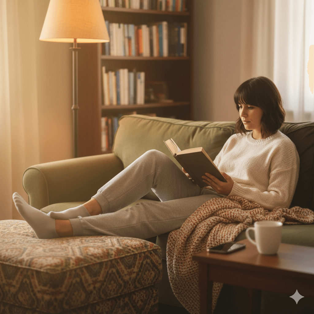 A person relaxing on a sofa with their feet up, reading a book beside a warm lamp and a face-down phone, symbolising rest, mindfulness, and the simple calm of a digital detox