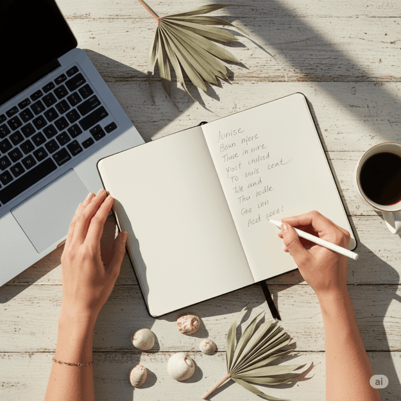 Person writing in an open journal beside a laptop, coffee, and seashells on a white wooden desk, symbolising mindful reflection and gentle habit planning.