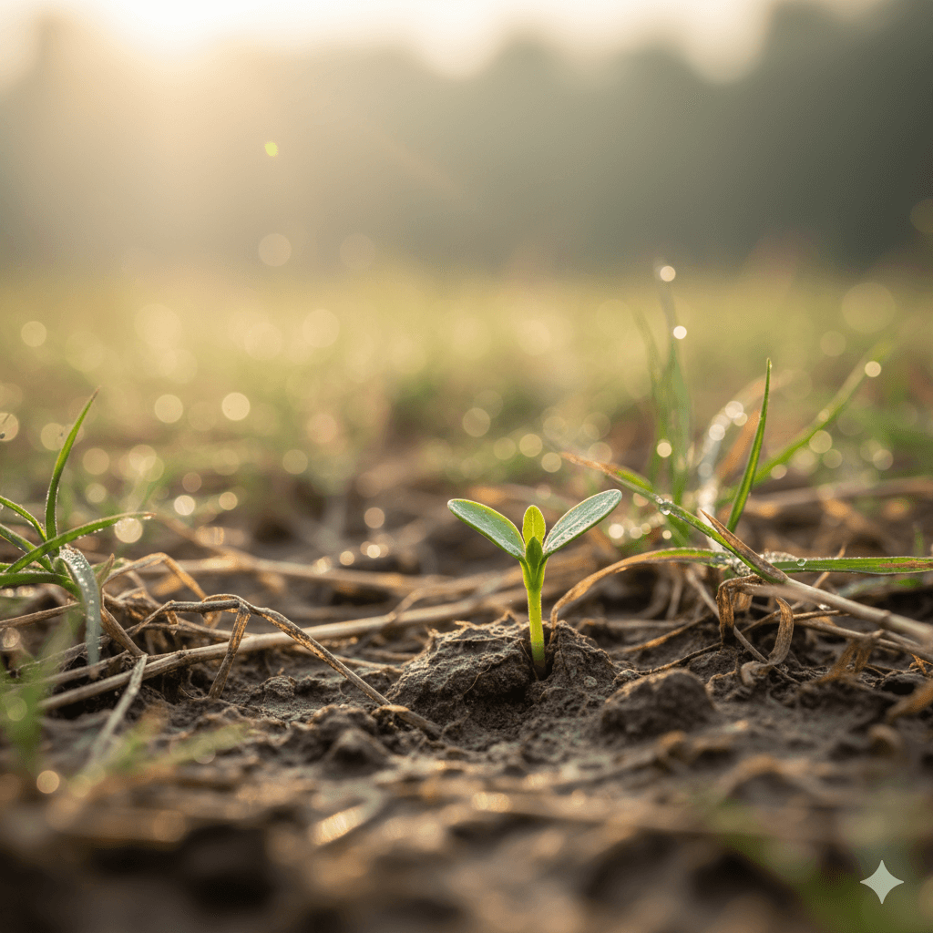 Small sprout growing among wild grass and rough soil, representing growth in imperfect conditions.