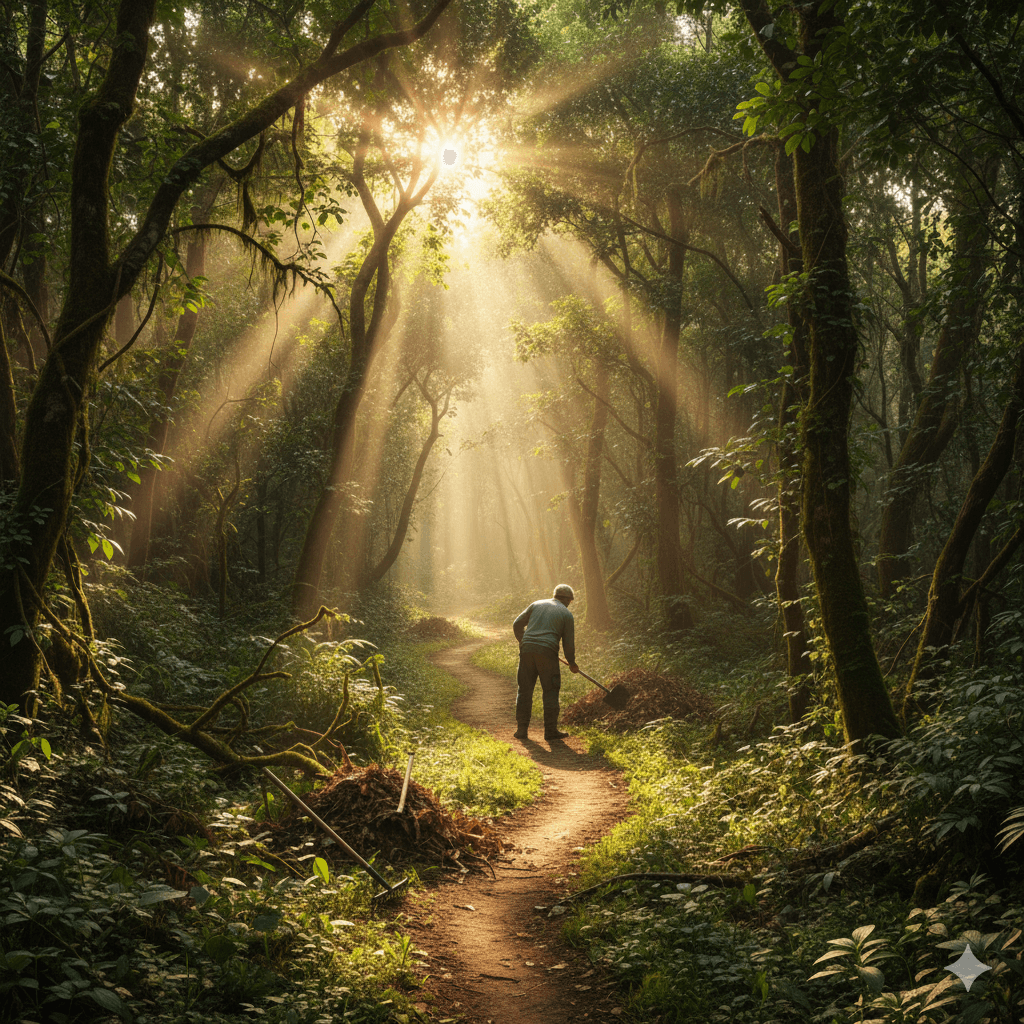 Person digging a path through an overgrown forest at sunrise, symbolising creating progress through messy beginnings.
