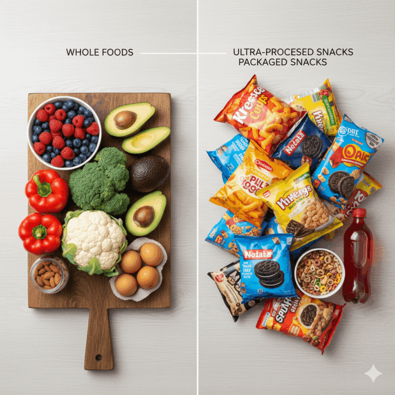 Whole foods like vegetables, fruit, eggs, and nuts beside colourful ultra-processed packaged snacks, showing the contrast in food quality.