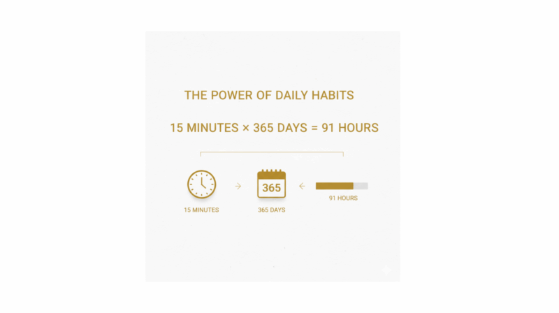 Infographic showing that 15 minutes of daily habit stacking equals 91 hours of progress in a year