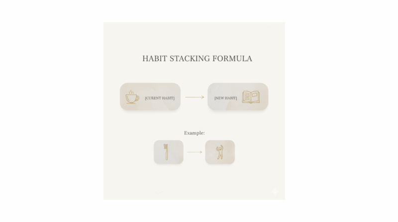 Habit stacking formula infographic showing how to connect a new habit to an existing one, such as coffee leading to reading