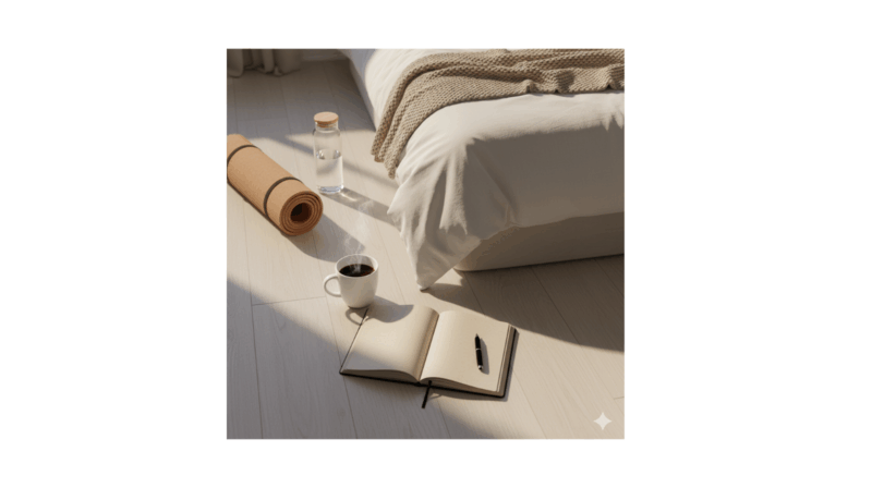 Morning habit stacking routine with coffee, journal, and yoga mat ready for a 15-minute morning practice