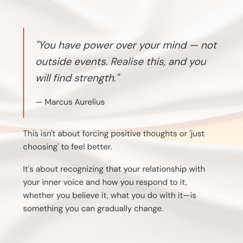Minimalist quote graphic featuring the Marcus Aurelius quote ‘You have power over your mind — not outside events. Realise this, and you will find strength.’ in elegant serif text on a soft cream background, symbolising calm reflection and mindful control over inner thoughts.