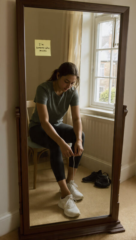 A woman tying trainers in front of a bedroom mirror with a Post-it saying “I’m someone who moves,” illustrating why motivation doesn’t work and how identity systems drive action.