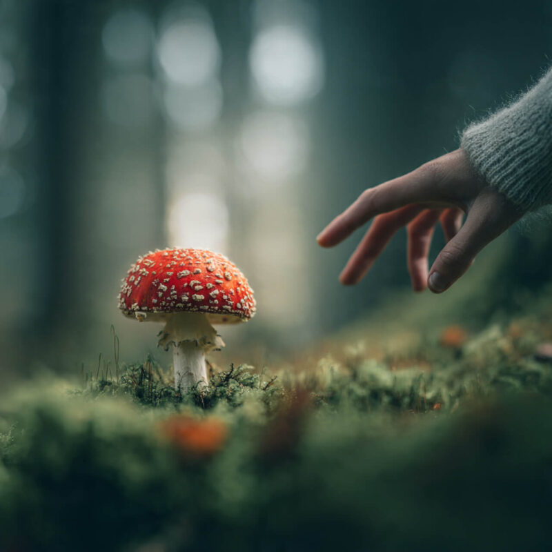 A hand reaching toward a red fly agaric mushroom with white spots in a mossy UK forest, symbolising awareness and the moment you realise why you miss opportunities that were always there.