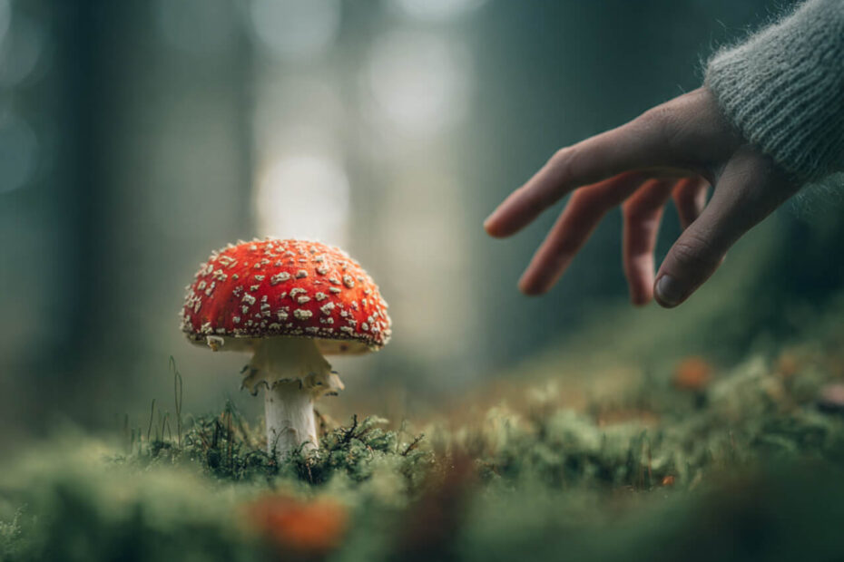 A hand reaching toward a red fly agaric mushroom with white spots in a mossy UK forest, symbolising awareness and the moment you realise why you miss opportunities that were always there.