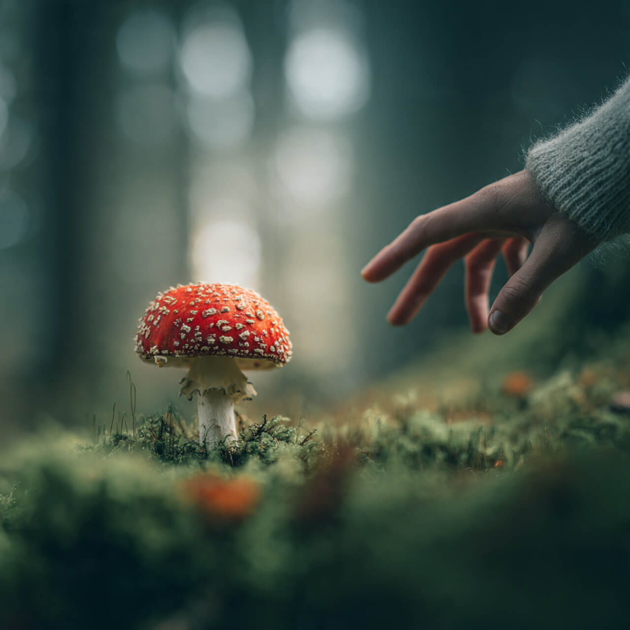 A hand reaching toward a red fly agaric mushroom with white spots in a mossy UK forest, symbolising awareness and the moment you realise why you miss opportunities that were always there.