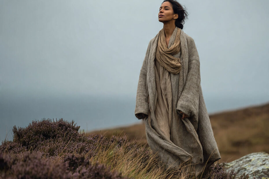 Person standing calmly on a windswept British hillside wrapped in neutral linen, facing the horizon — representing Stoic resilience, calm strength, and clarity.