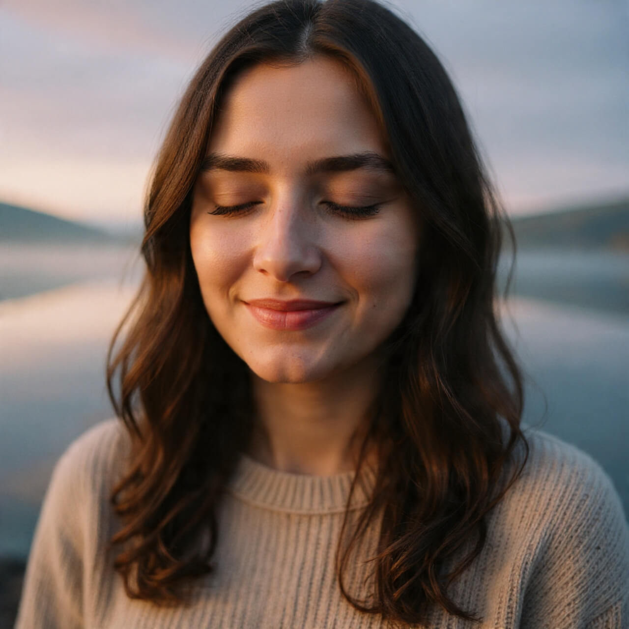 Woman with closed eyes smiling peacefully by water at sunset finding inner joy and ikigai purpose