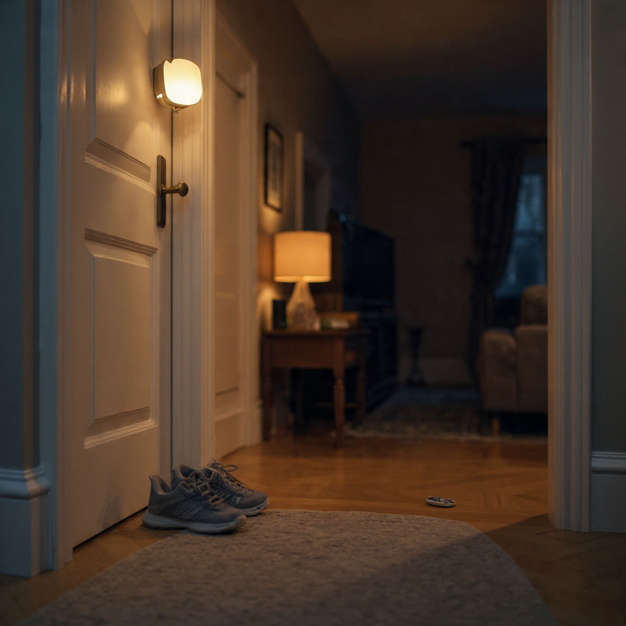 Trainers placed by the front door at dusk in a cosy UK home, showing environment design that solves why motivation doesn’t work when decision fatigue hits.