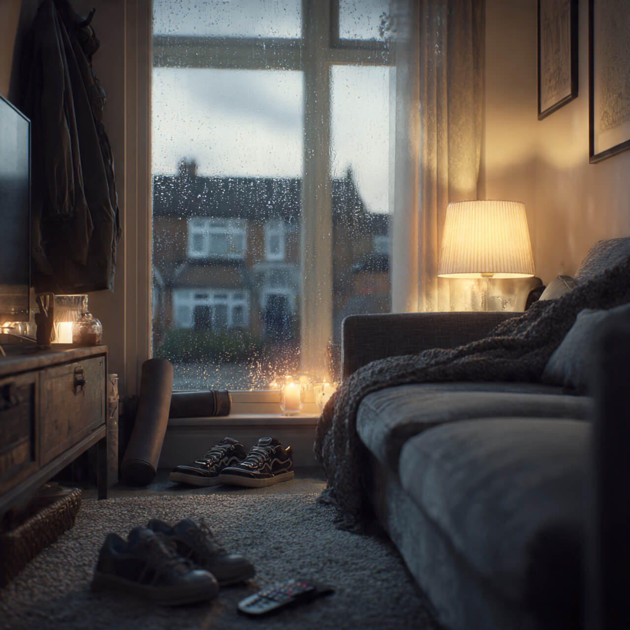 Your Couch Is Not Your Friend — Use This Simple System Instead Rainy UK living room with sofa, blanket and TV remote tempting rest, while a yoga mat and trainers sit nearby—capturing why motivation doesn’t work against the couch.