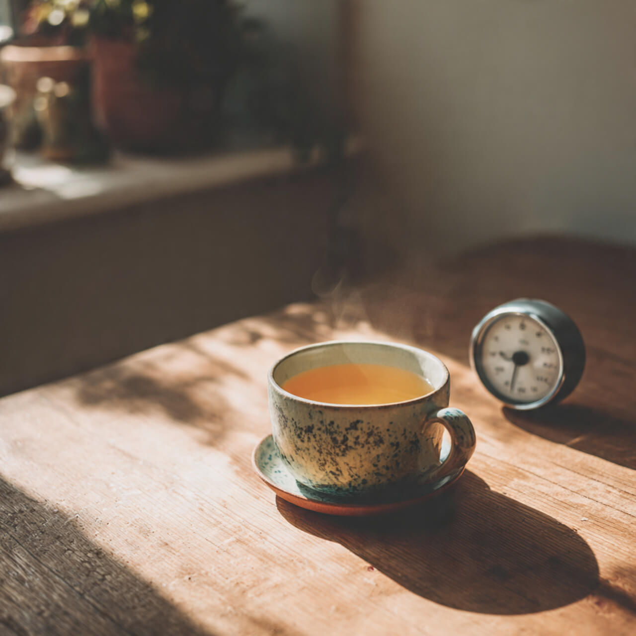 Cup of tea beside a kitchen timer in soft morning light, symbolising the 20-minute rule for mindful eating and weight loss without willpower