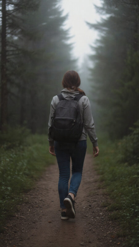 Burnout prevention: woman walking alone down a misty forest path with a backpack, taking a grounding walk to reset energy.