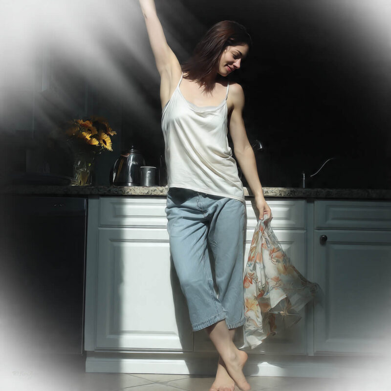 Person moving joyfully in golden morning light in a kitchen, symbolising mindful movement, gratitude, and everyday Stoic morning routine