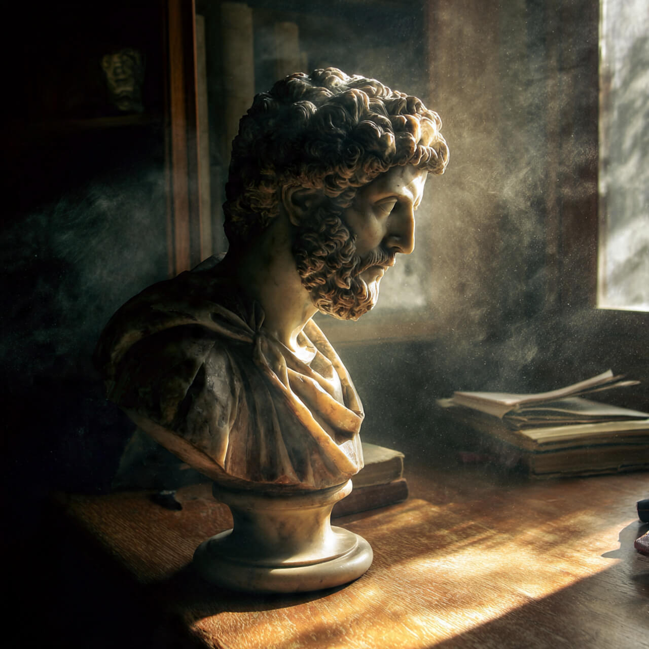 Marble bust of a Stoic philosopher in warm morning light on a wooden desk, symbolising timeless wisdom, daily reflection, and calm focus.