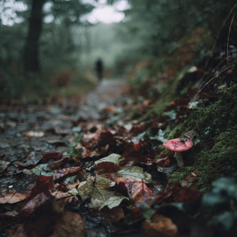 A small red mushroom hidden among wet leaves on a woodland path in the UK, showing why we miss opportunities that are right in front of us when our brain filters them out.