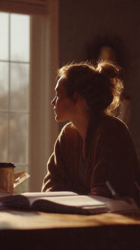 Morning pause to journal with tea before work, setting a simple daily minimum.