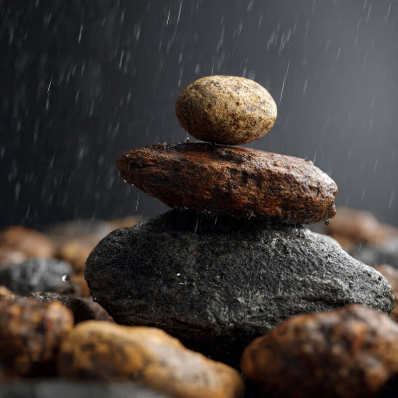 Balanced stack of smooth stones under light rain, symbolising balance, endurance, and the Stoic philosophy of building resilience through stability