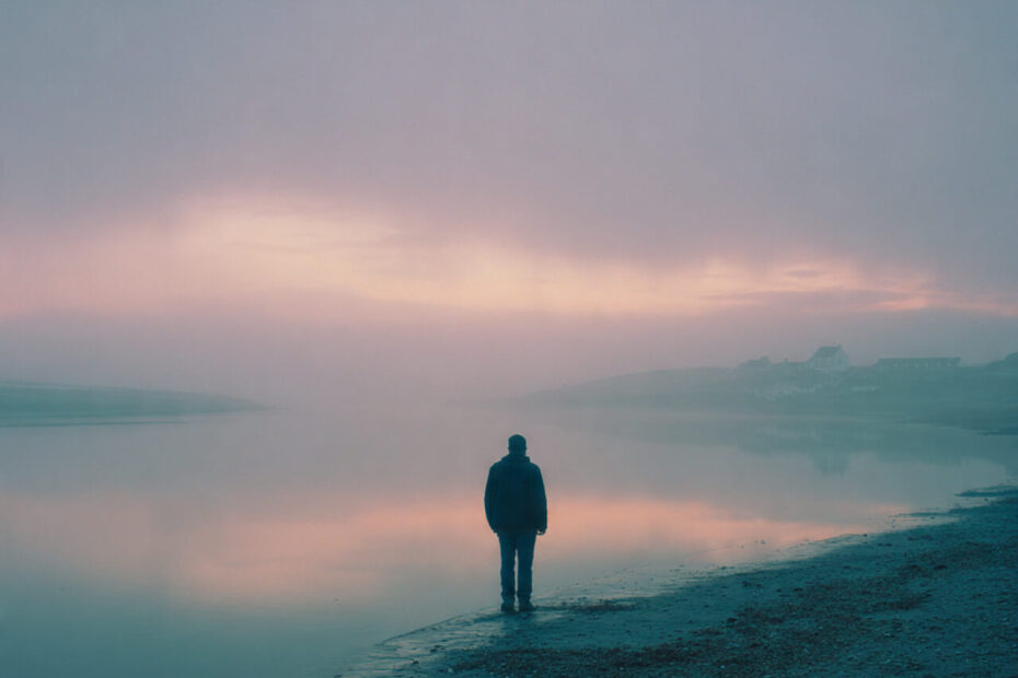 Solitary figure standing on misty beach contemplating life purpose and ikigai journey at dawn"