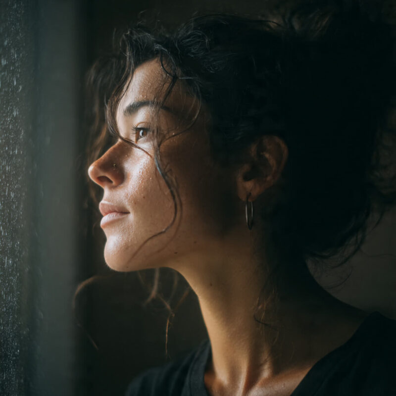 Person looking out a rain-dappled window in soft light, representing Stoic reflection, mindfulness, and morning preparation for daily challenges.