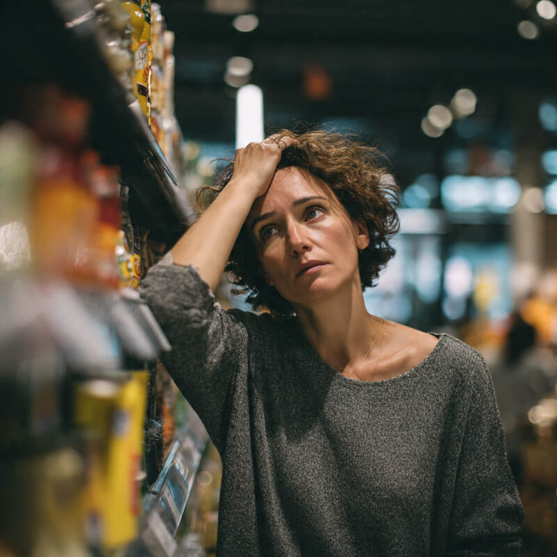 Woman experiencing decision fatigue in a grocery store aisle, hand on forehead, overwhelmed by too many choices, symbolising mental exhaustion and overthinking.