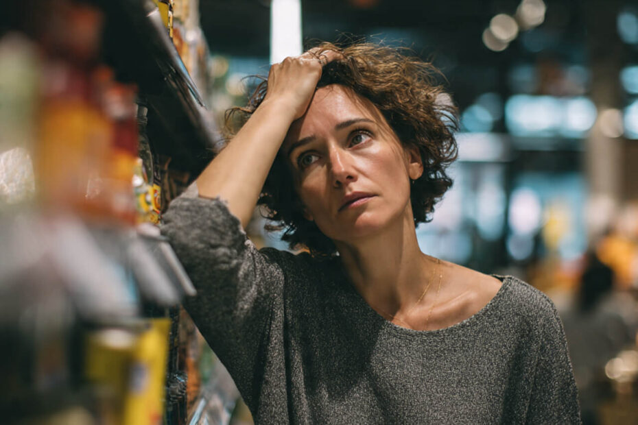 Woman experiencing decision fatigue in a grocery store aisle, hand on forehead, overwhelmed by too many choices, symbolising mental exhaustion and overthinking.