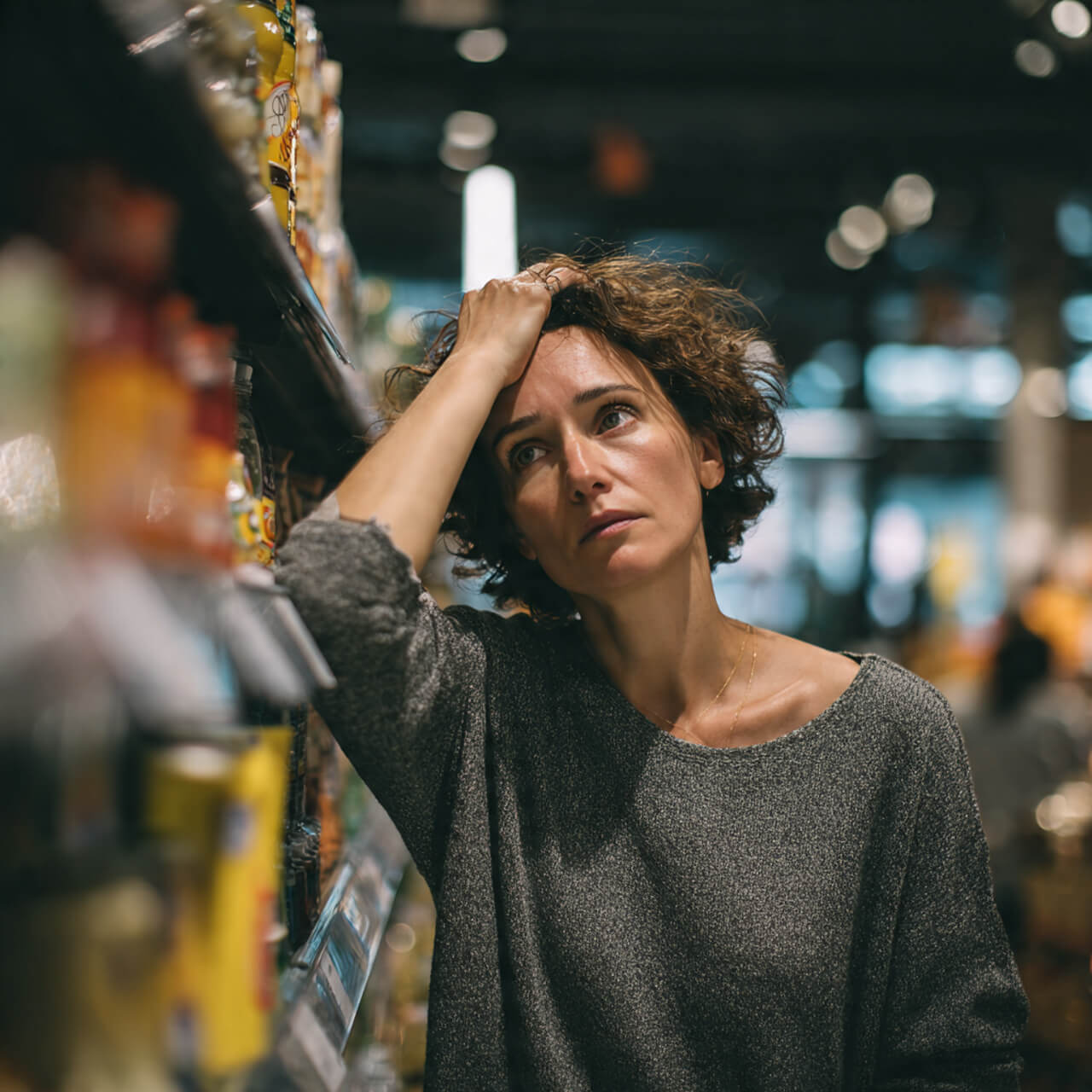 Woman experiencing decision fatigue in a grocery store aisle, hand on forehead, overwhelmed by too many choices, symbolising mental exhaustion and overthinking.
