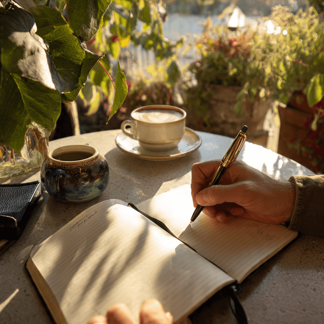 Writing travel reflections in a notebook by a train window, symbolising mindful journaling while travelling
