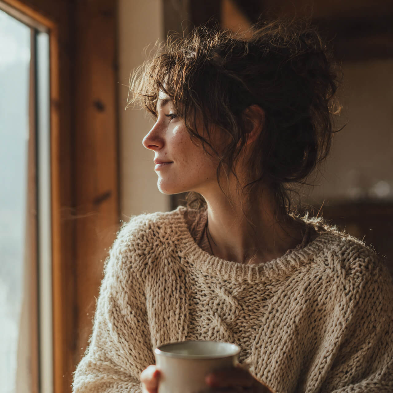 Mindfulness for beginners — woman sitting by window with cup of tea, practising calm awareness and self-reflection