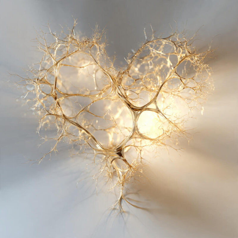 Abstract digital artwork of golden neural connections forming a glowing heart shape, symbolising neuroplasticity and emotional healing through realistic affirmations