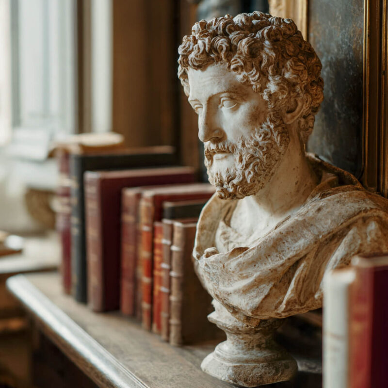 Ancient marble bust of Marcus Aurelius beside modern books, representing timeless Stoic wisdom for overcoming modern decision fatigue.