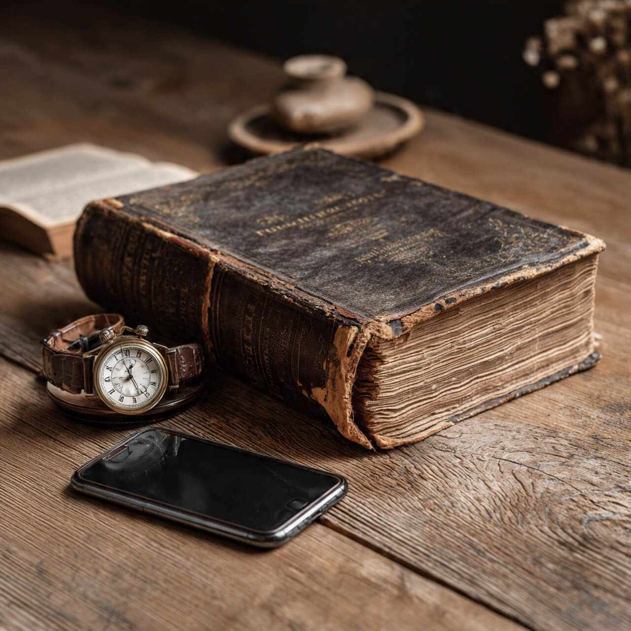 Ancient philosophy book with modern smartphone and watch representing timeless wisdom about stop wasting time and intentional living