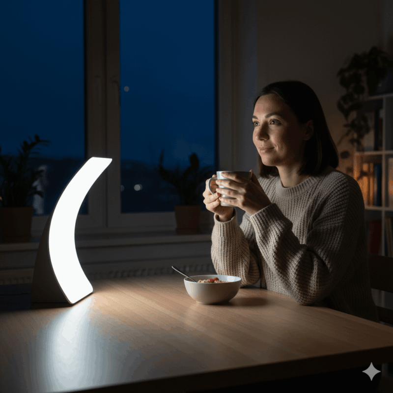 Woman using a light therapy lamp on a dark autumn morning, drinking tea to support mood and energy during seasonal body changes in the UK. Affordable SAD light therapy lamp UK autumn morning routine seasonal depression treatment