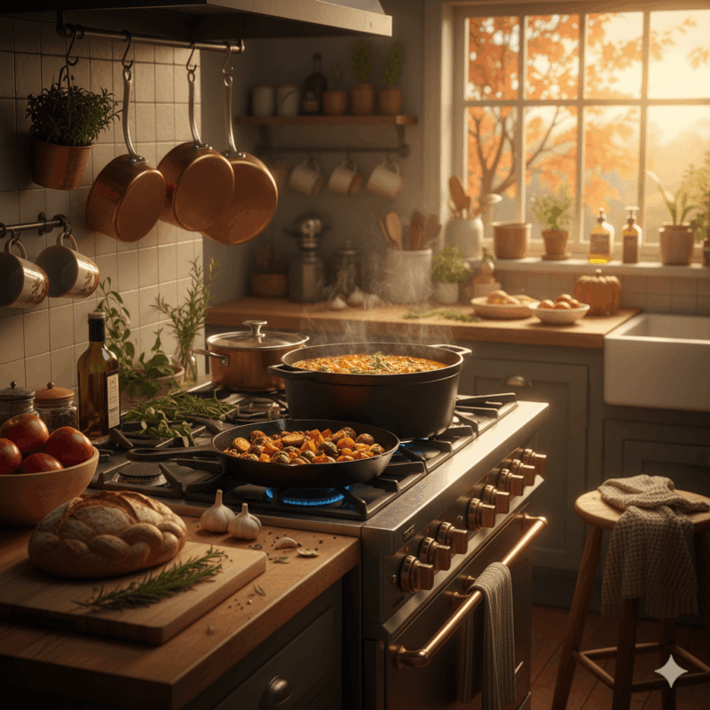 Warm autumn kitchen with stew simmering on the hob and golden leaves outside the window, symbolising how the body craves comfort and warmth during seasonal change in the UK.