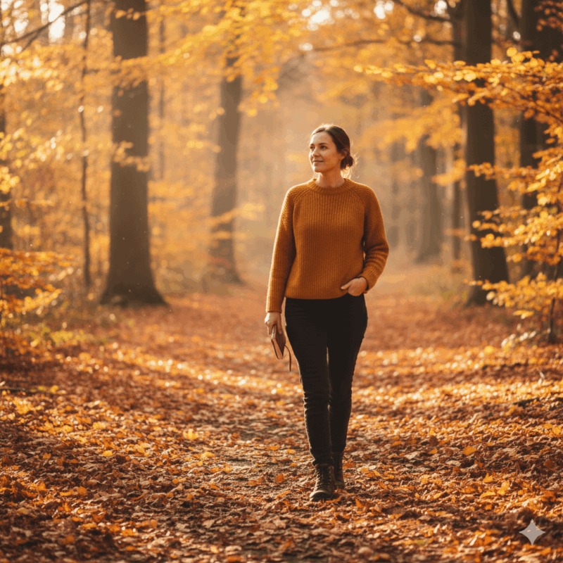 Woman walking through an autumn forest in a warm jumper, symbolising gentle movement and seasonal wellbeing habits in the UK
