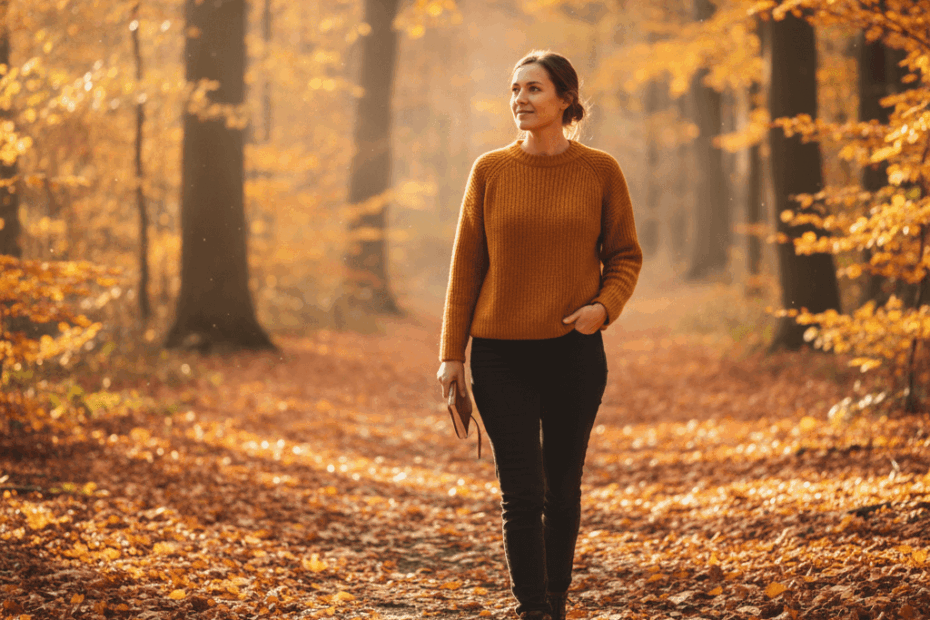 Woman walking through an autumn forest in a warm jumper, symbolising gentle movement and seasonal wellbeing habits in the UK