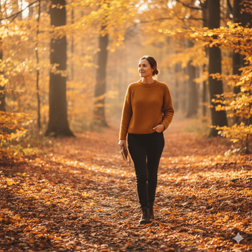 3 Ways Your Body Changes in Autumn (And How to Adapt Calmly) Woman walking through an autumn forest in a warm jumper, symbolising gentle movement and seasonal wellbeing habits in the UK