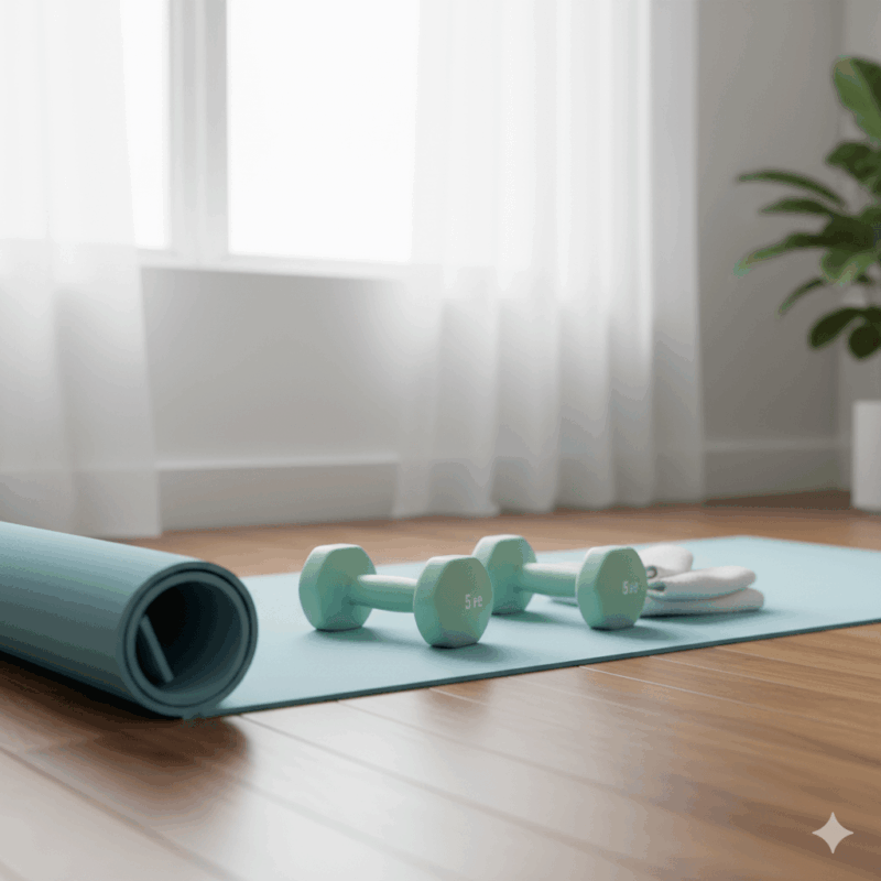 Dumbbells beside mat, or calm home workout scene