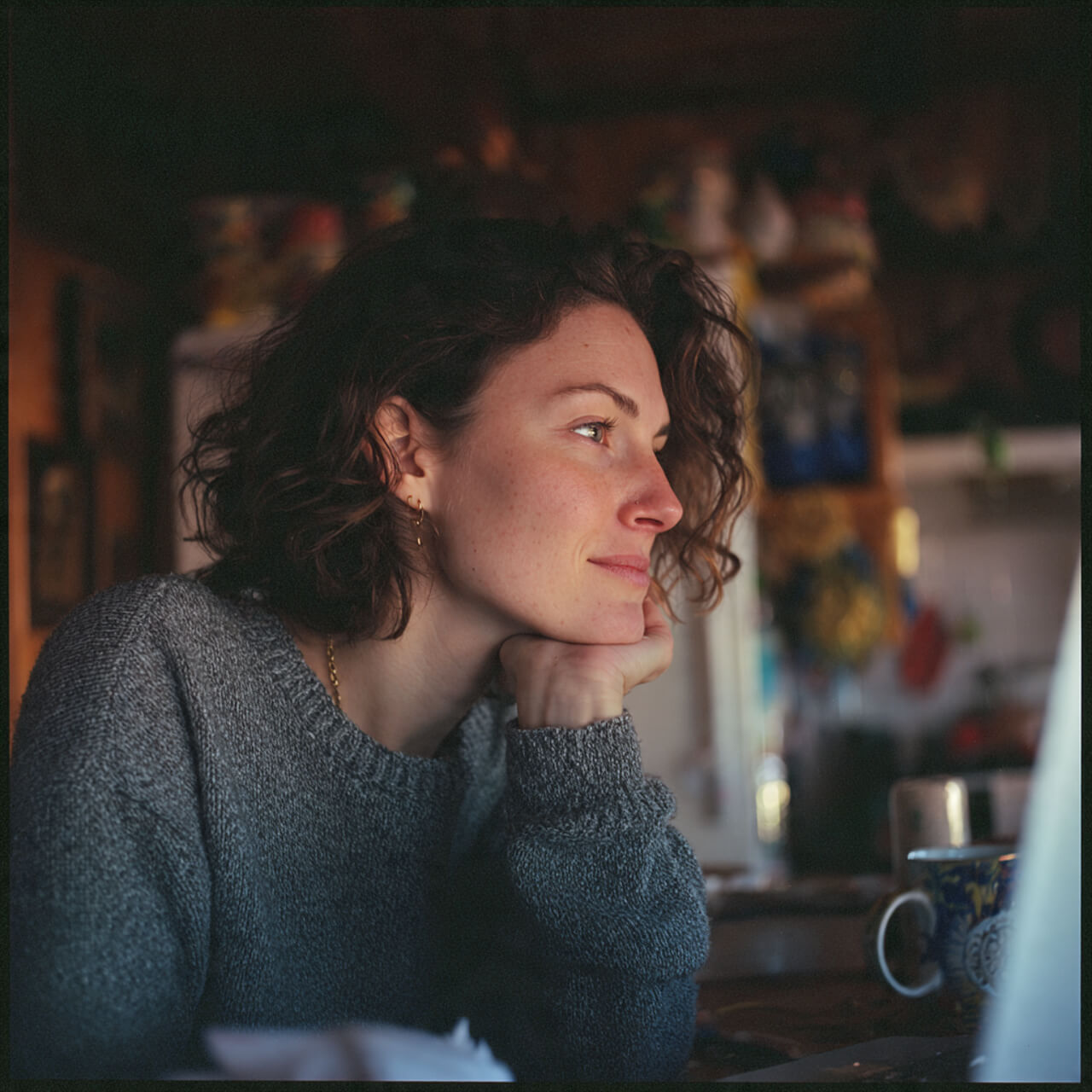 Person reflecting at a laptop in warm morning light, symbolising mindful awareness and Stoic practice to overcome fear and regain control.