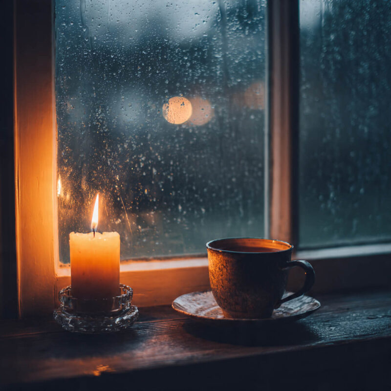 Warm candlelight and a mug of tea by a rainy window, symbolising calm and comfort during the UK winter blues.