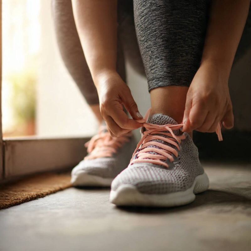 Close-up of an overweight person tying their trainers by the door, symbolising small, confident first steps toward building a fitness routine. Symbolising how to start exercising when overweight