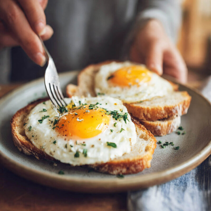 Close-up of a person eating fried eggs on toast, showing the “protein first” habit for natural fullness and weight loss without willpower.