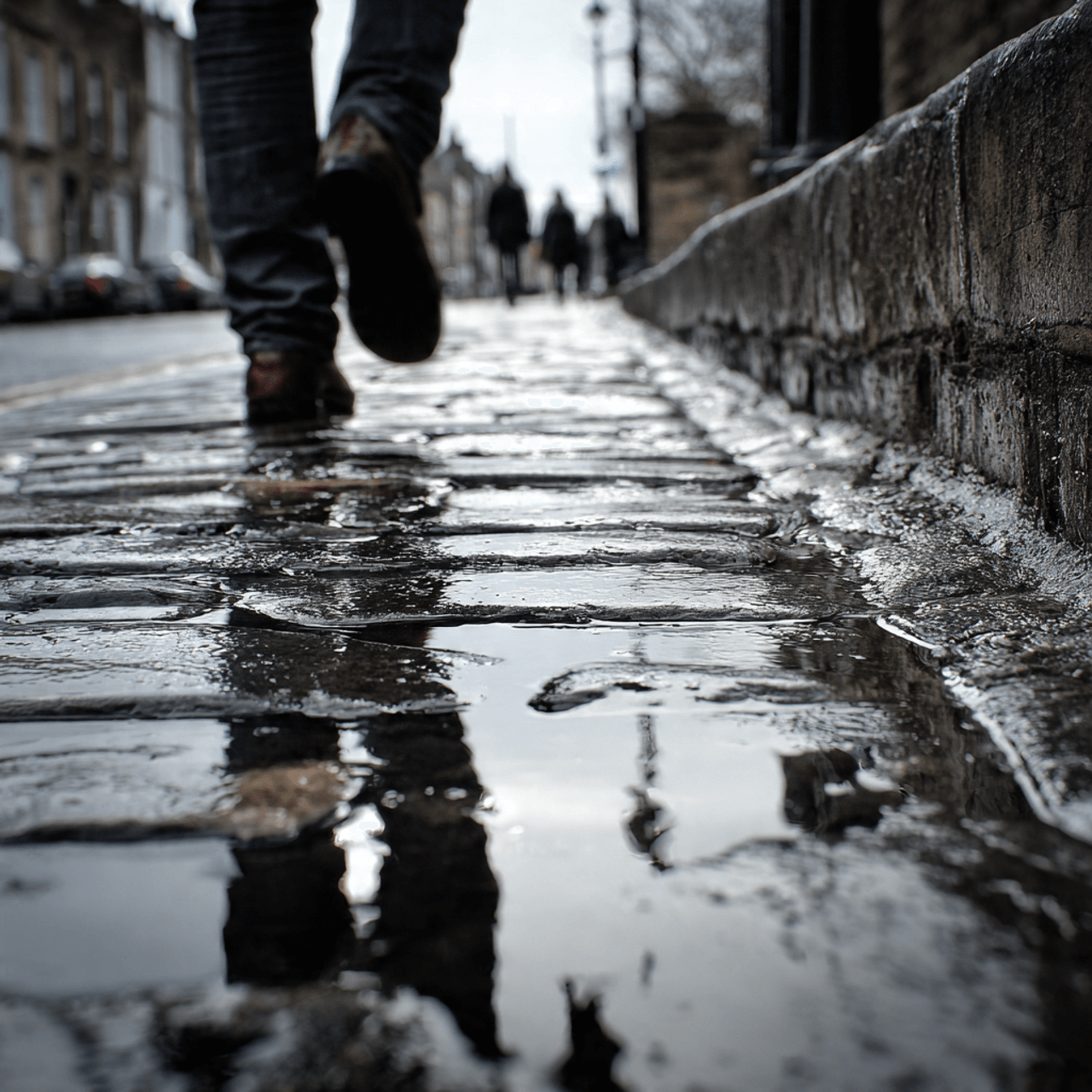 Close-up of feet walking slowly along a cobblestone street after rain, reflections glistening, focus on texture and light rather than destination